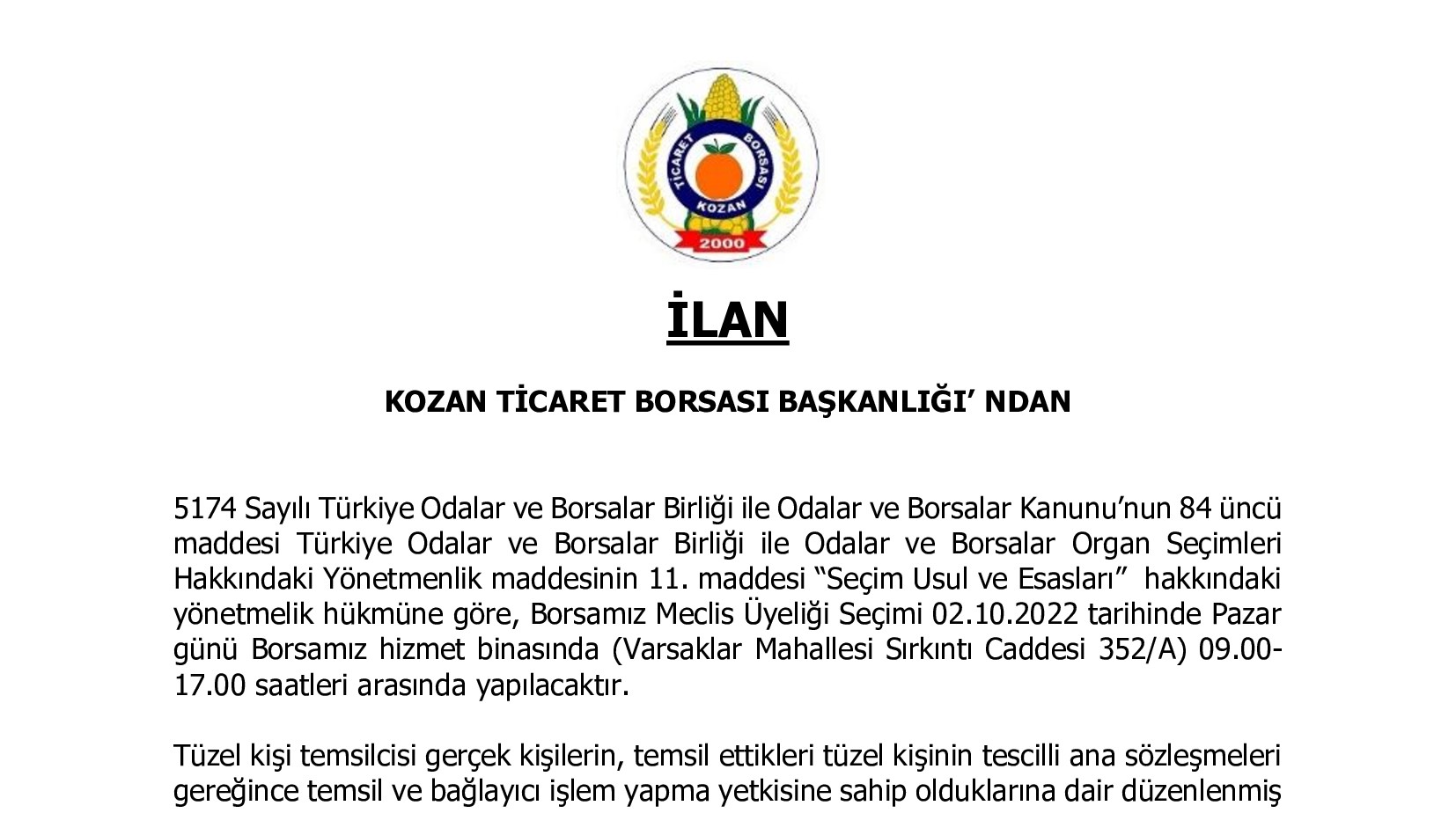 2022 MECLİS ÜYELİĞİ SEÇİMİ İLANI [3.09.2022]